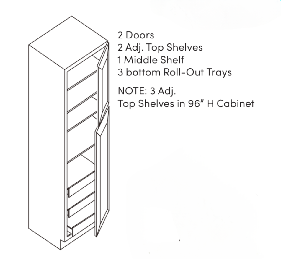 Diagram of a 2-door cabinet with adjustable shelves and pull-out trays.